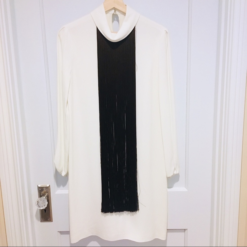 Adam Lippes Ivory Long Sleeve Shift Dress Fringe